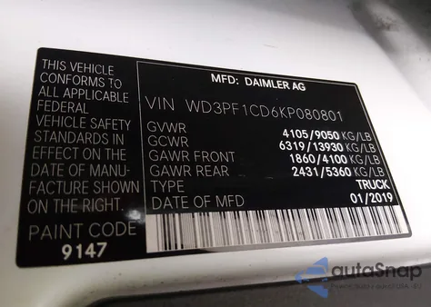 2019 Mercedes-Benz Sprinter 2500 High Roof V6 from USA, damaged, VIN WD3PF1CD6KP080801